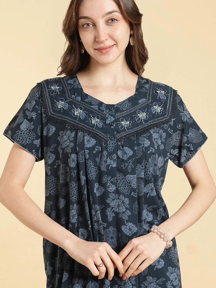 Crush cotton floral teal best nighty for women in summer