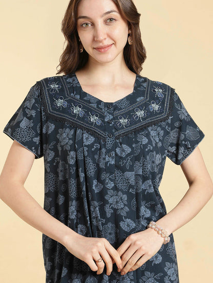 Crush cotton floral teal best nighty for women in summer