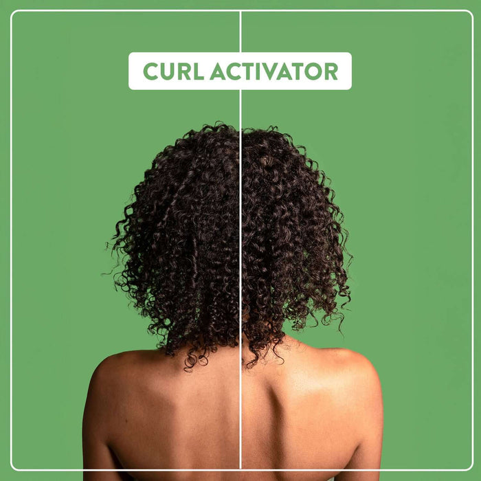 Before and after pictures of curly hair showing the difference before using the Alcôve Hair Curl Activator and after.