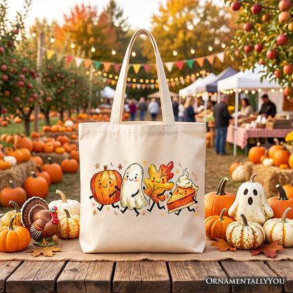 Cute Fall Characters Tote Bag, Pumpkin Ghost Leaf Pie Autumn Gift Shopper