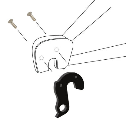 Hanger #110 attaches to the rear dropout from the outside or derailleur side using two M3x10 flat head screws.