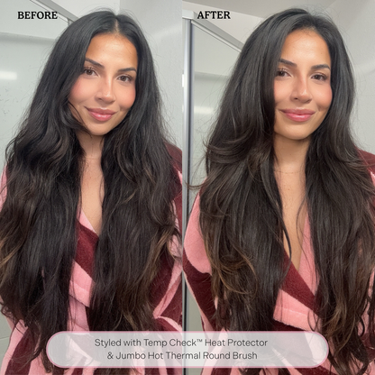 Before and after of woman's hair using temp check heat protectant and hot round brush