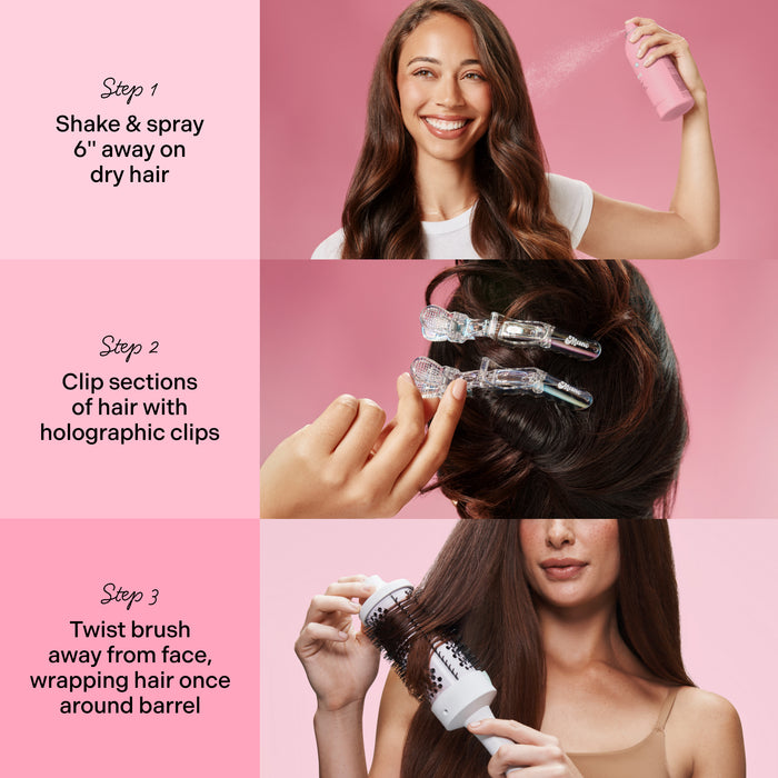 Infographic that reads "Step 1: Shake & spray 6" away on dry hair. Step 2: Clip sections of hair with holographic clips. Step 3: Twist brush away from face, wrapping hair once around barrel"