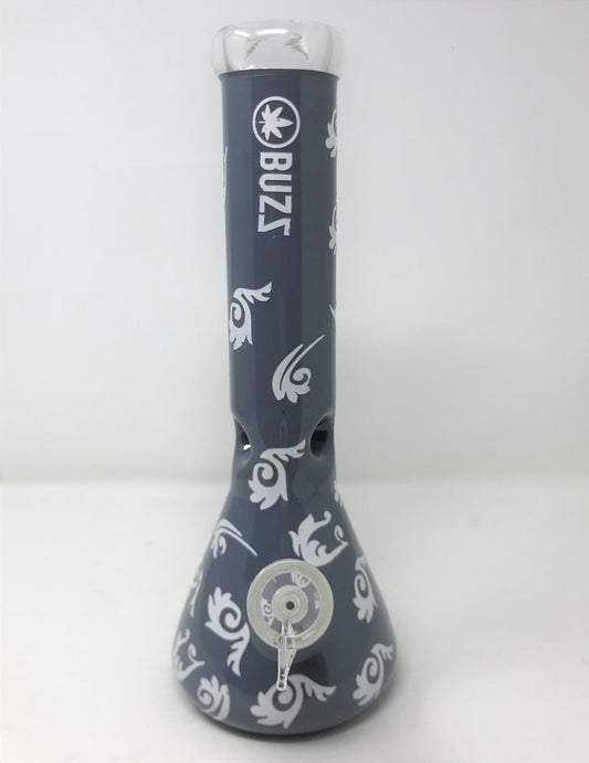 Elegant 12" Thick Glass Beaker Bong & 14mm Bowl - Gray w/White Decal Designs