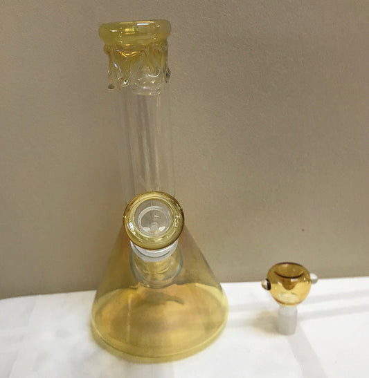 Elegant Thick Fumed Glass Beaker 9" Bong Ice Catcher 2 - 14mm Bowls - Gold & More...