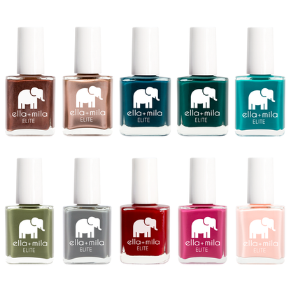 Elite Collection 10 nail polish bottles in browns, teals, greens, reds and nudes