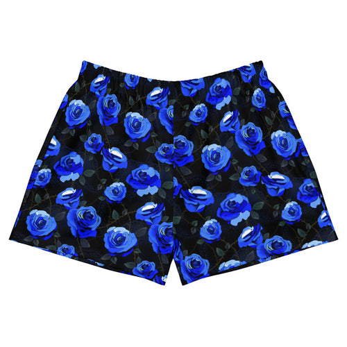 Enchanted Rose Athletic Short Shorts in cobalt blue with roses and briars, goth gym shorts
