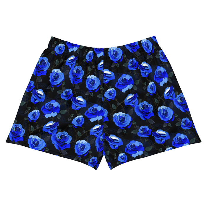 Blue Enchanted Rose Athletic Short Shorts with blue roses and lace doilies, kawaii goth shorts