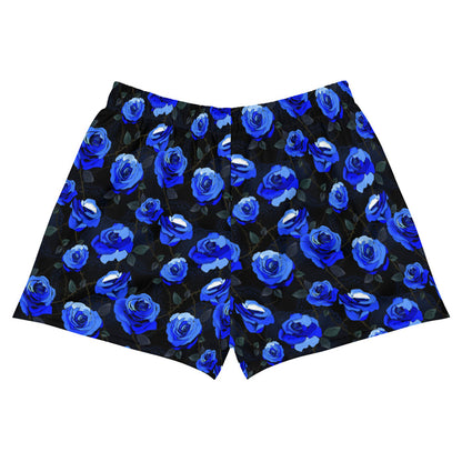 Blue Enchanted Rose Athletic Short Shorts with blue roses and lace doilies, kawaii goth shorts