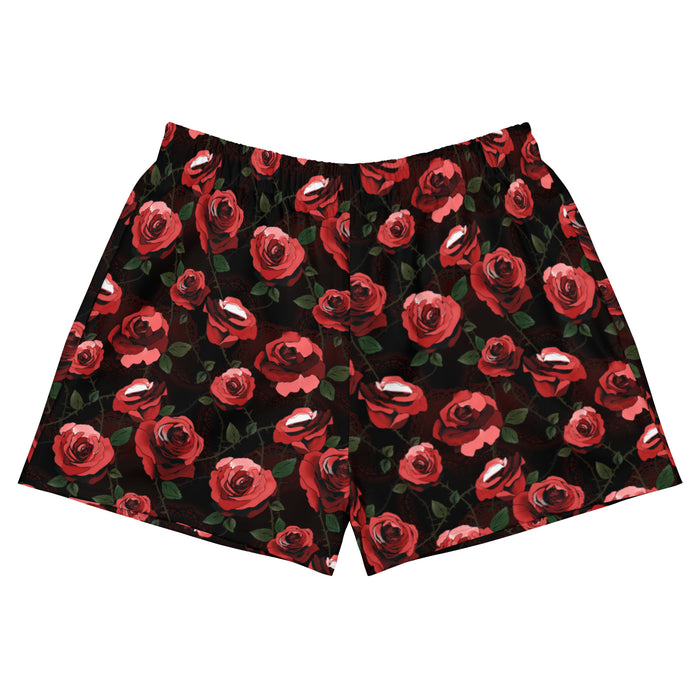 Enchanted Rose Athletic Short Shorts with rose blossoms and thorny stems, alternative gym shorts