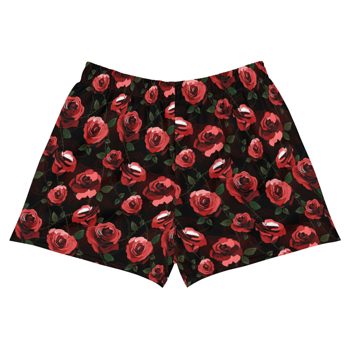 Enchanted Rose Athletic Short Shorts with watercolor roses and doily hearts, gothic running shorts