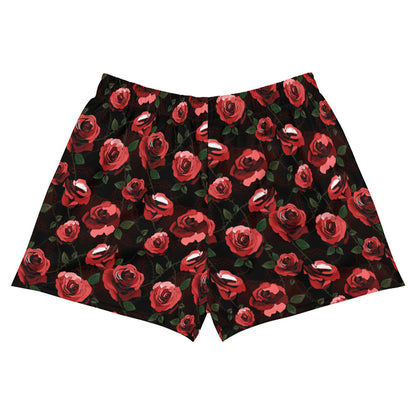 Enchanted Rose Athletic Short Shorts with watercolor roses and doily hearts, gothic running shorts