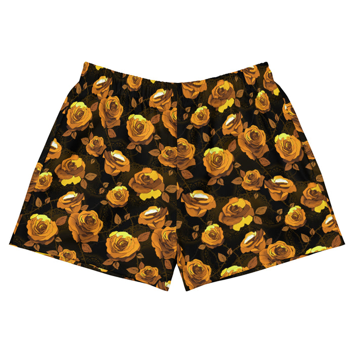 Gold Enchanted Rose Athletic Short Shorts with golden roses and briars, goth athletic shorts