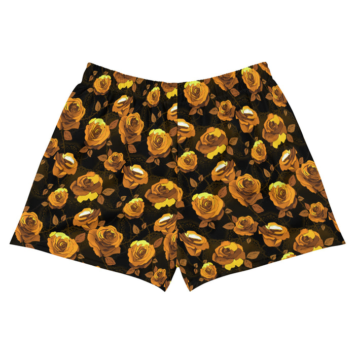 Enchanted Rose Athletic Short Shorts in gold with roses and thorns, kawaii goth gym shorts