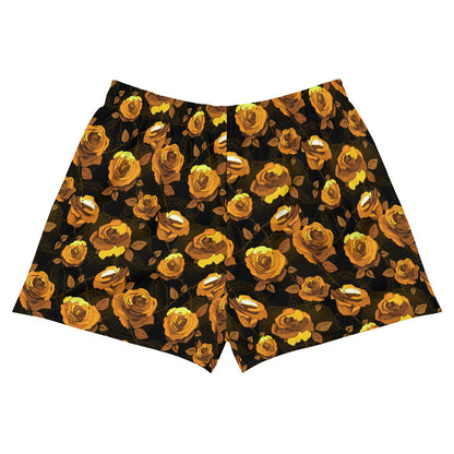 Enchanted Rose Athletic Short Shorts in gold with roses and thorns, kawaii goth gym shorts
