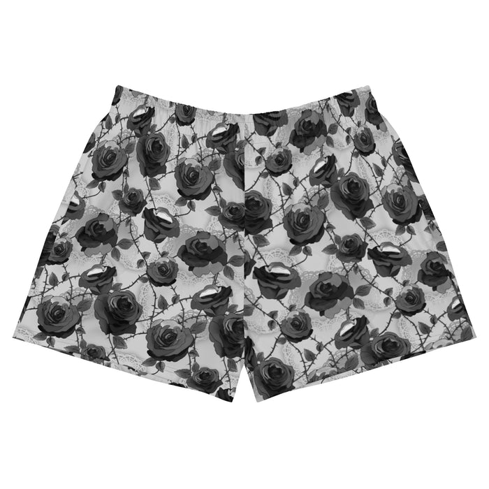 Black and white Enchanted Rose Athletic Short Shorts with roses and doilies, gothic gym wear