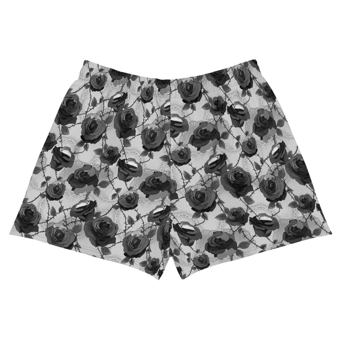 Enchanted Rose Athletic Short Shorts in black and white with rosebuds and briars, alternative shorts