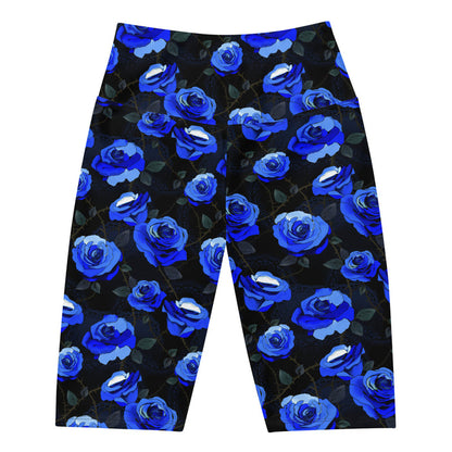 Enchanted Rose Biker Shorts in cobalt blue with roses and briars, goth biker shorts