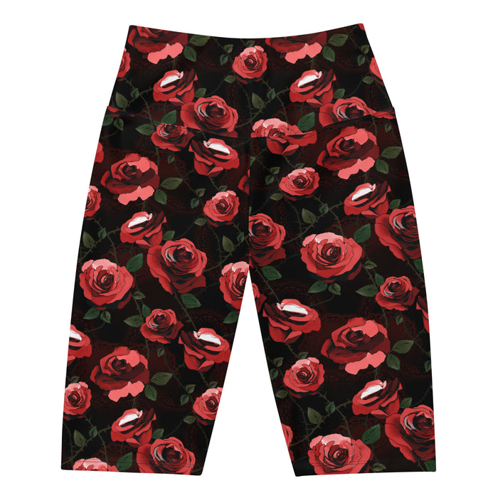 Enchanted Rose Biker Shorts with rose blossoms and thorny stems, alternative biker shorts