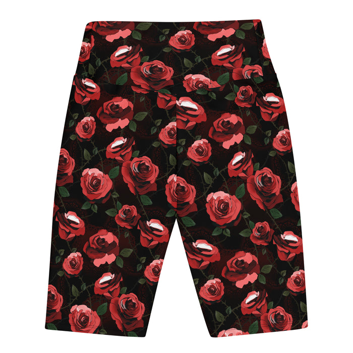 Enchanted Rose Biker Shorts high-waist view with roses and doily hearts, gothic activewear shorts