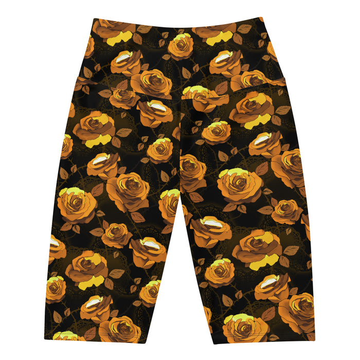 Gold Enchanted Rose Biker Shorts with golden roses and briars, goth high-waisted shorts