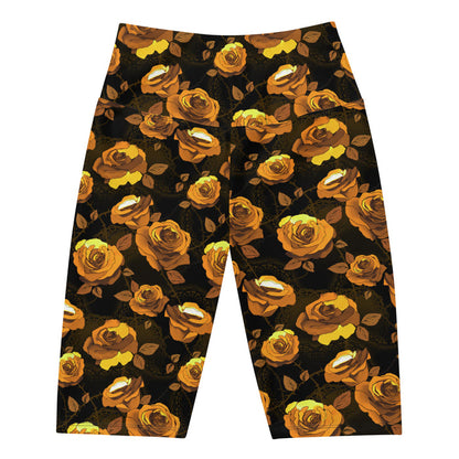 Gold Enchanted Rose Biker Shorts with golden roses and briars, goth high-waisted shorts