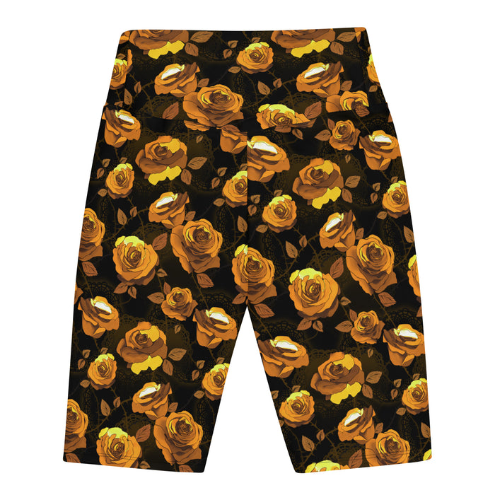 Enchanted Rose Biker Shorts in gold with roses and thorny stems, kawaii goth biker shorts