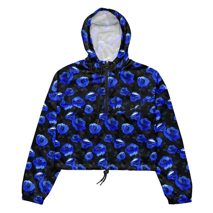 Enchanted Rose Cropped Windbreaker in cobalt blue with roses and briars, goth rose windbreaker