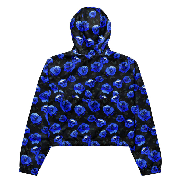 Blue Enchanted Rose Cropped Windbreaker with blue roses and lace doilies, kawaii goth jacket