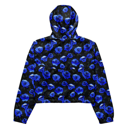 Blue Enchanted Rose Cropped Windbreaker with blue roses and lace doilies, kawaii goth jacket