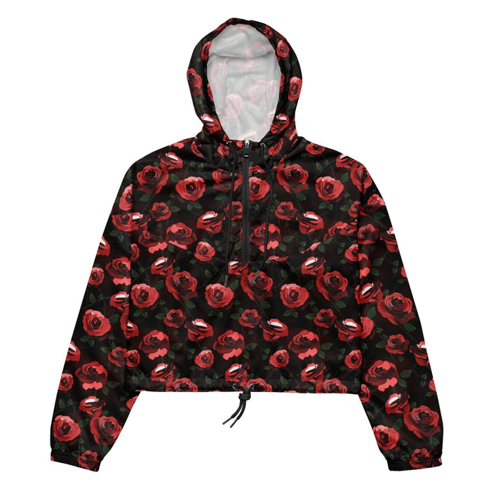Enchanted Rose Cropped Windbreaker with rose blossoms and thorny stems, alternative windbreaker