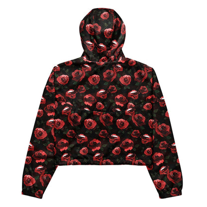 Red Enchanted Rose Cropped Windbreaker with red roses and briars, gothic cropped jacket