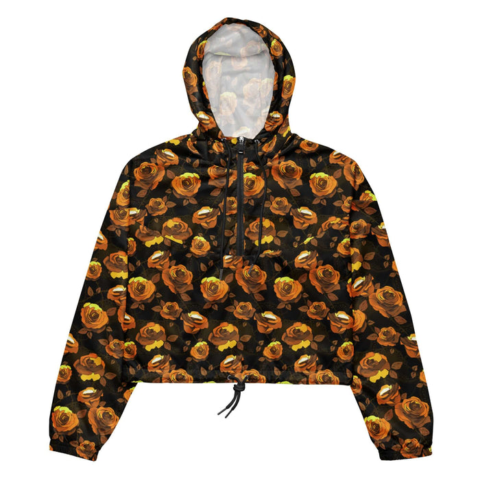 Enchanted Rose Cropped Windbreaker hooded view with roses and doily hearts, goth rain jacket