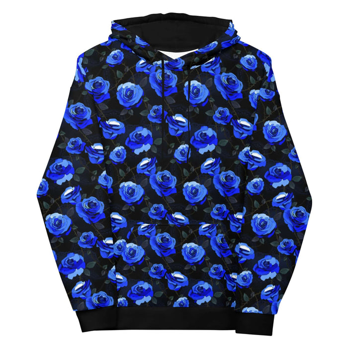Enchanted Rose Hoodie in cobalt blue with roses and briars, goth fleece hoodie