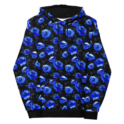 Enchanted Rose Hoodie in cobalt blue with roses and briars, goth fleece hoodie