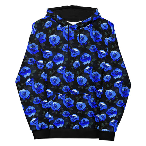 Enchanted Rose Hoodie in cobalt blue with roses and briars, goth fleece hoodie