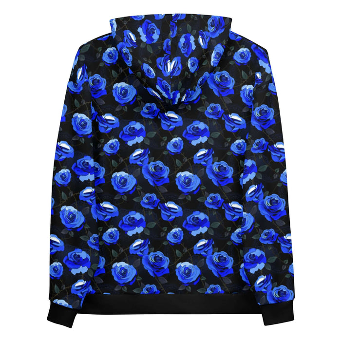 Blue Enchanted Rose Hoodie with blue roses and lace doilies, kawaii goth hoodie