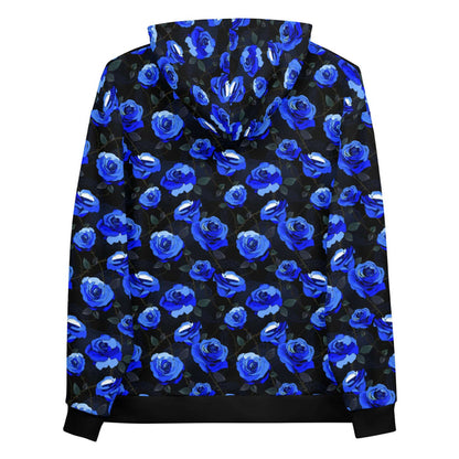 Blue Enchanted Rose Hoodie with blue roses and lace doilies, kawaii goth hoodie