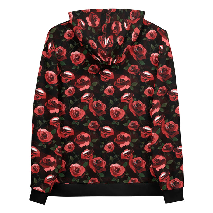Black Enchanted Rose Hoodie with black roses and doily hearts, gothic hoodie