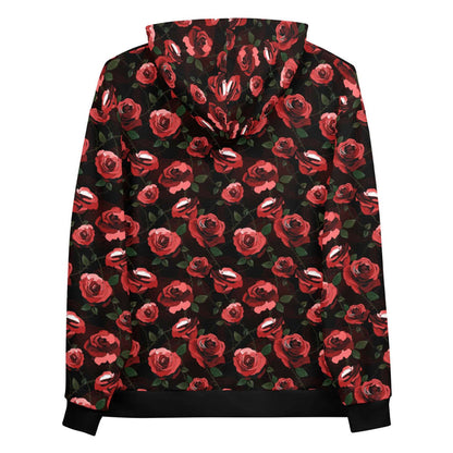 Black Enchanted Rose Hoodie with black roses and doily hearts, gothic hoodie
