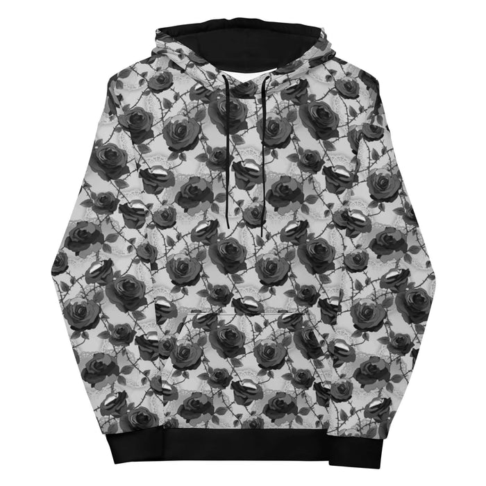 Black and white Enchanted Rose Hoodie with roses and lace doilies, gothic unisex hoodie