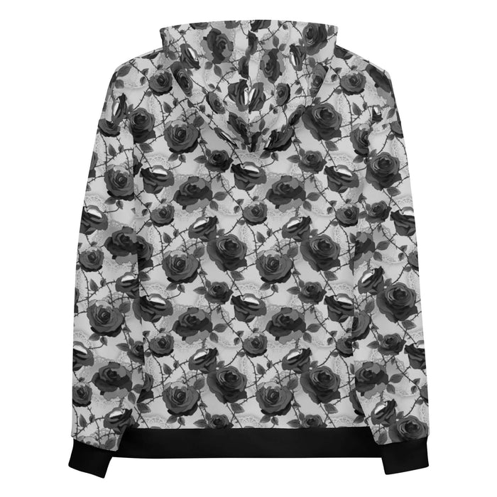 Enchanted Rose Hoodie in black and white with rosebuds and briars, alternative fashion hoodie