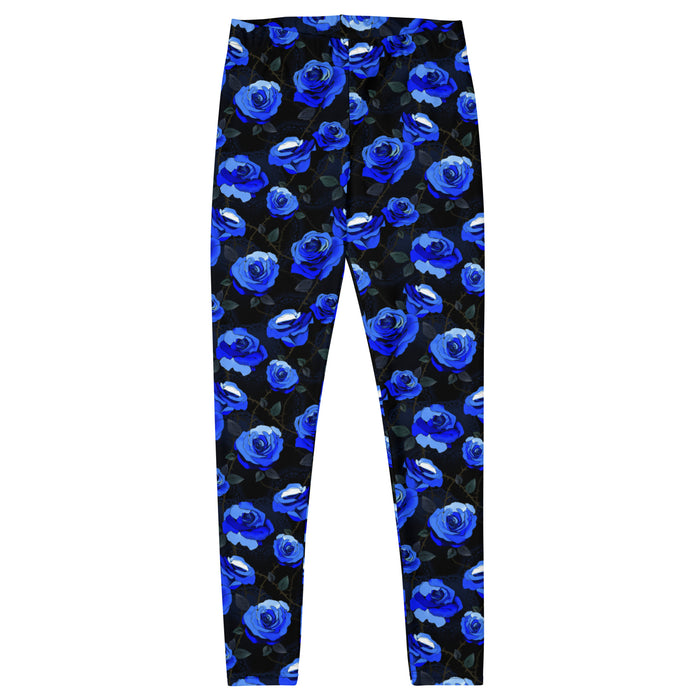 Enchanted Rose Leggings in cobalt blue with watercolor roses and thorny briars — goth activewear