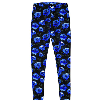 Enchanted Rose Leggings in cobalt blue with watercolor roses and thorny briars — goth activewear