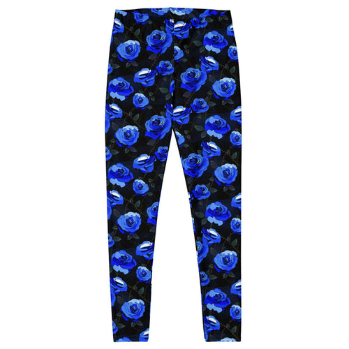 Enchanted Rose Leggings in cobalt blue with watercolor roses and thorny briars — goth activewear