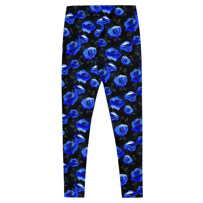Cobalt blue Enchanted Rose Leggings covered in blue roses and lace doilies, kawaii goth gym wear