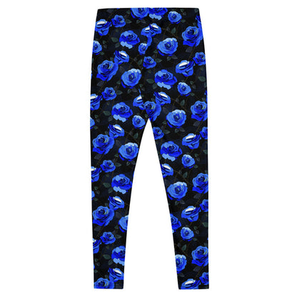 Cobalt blue Enchanted Rose Leggings covered in blue roses and lace doilies, kawaii goth gym wear
