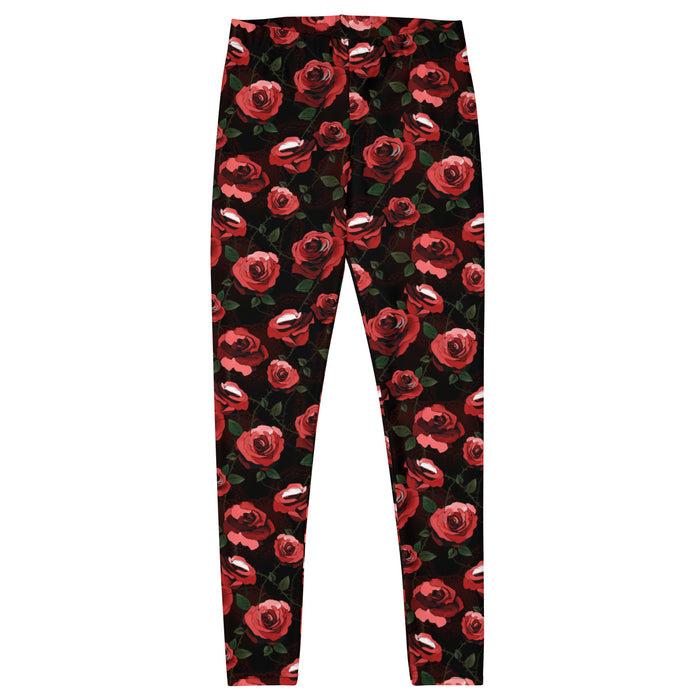 Enchanted Rose Leggings with watercolor roses and scattered leaves, kawaii alternative activewear
