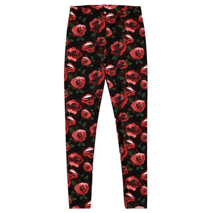 Enchanted Rose Leggings with watercolor roses and scattered leaves, kawaii alternative activewear