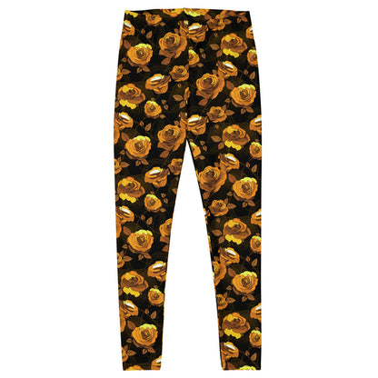 Gold Enchanted Rose Leggings with golden roses and thorny stems, goth activewear